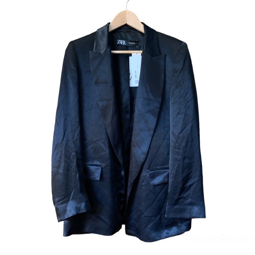Zara Turned-Up Cuff Satin Effect Blazer Black Size S - Picture 7 of 12